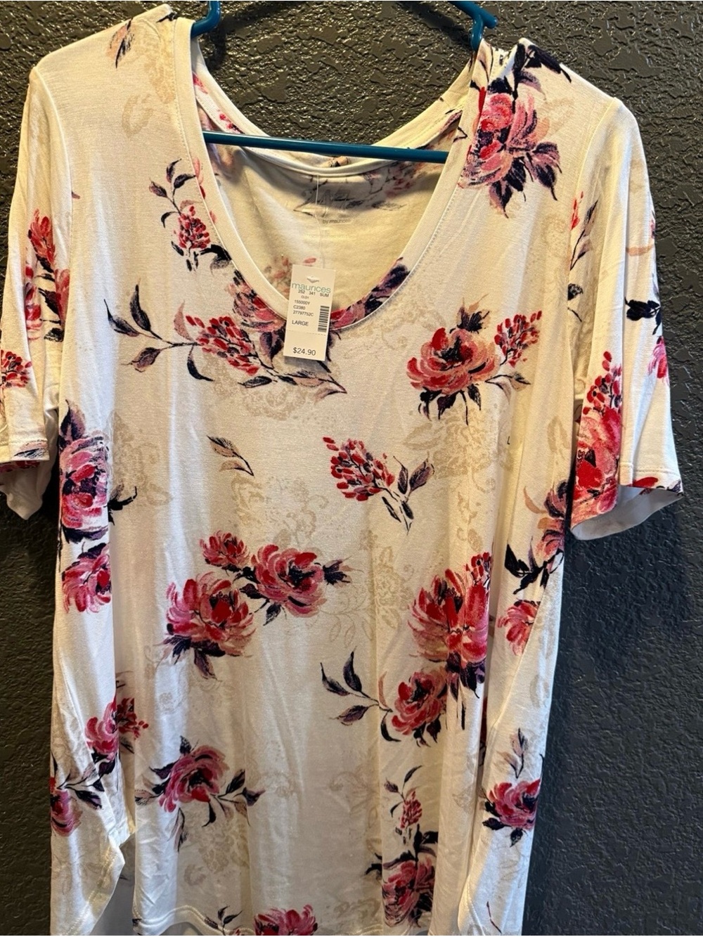 Maurices Cream Short Sleeve Floral V-Neck Top with Pink Blooms